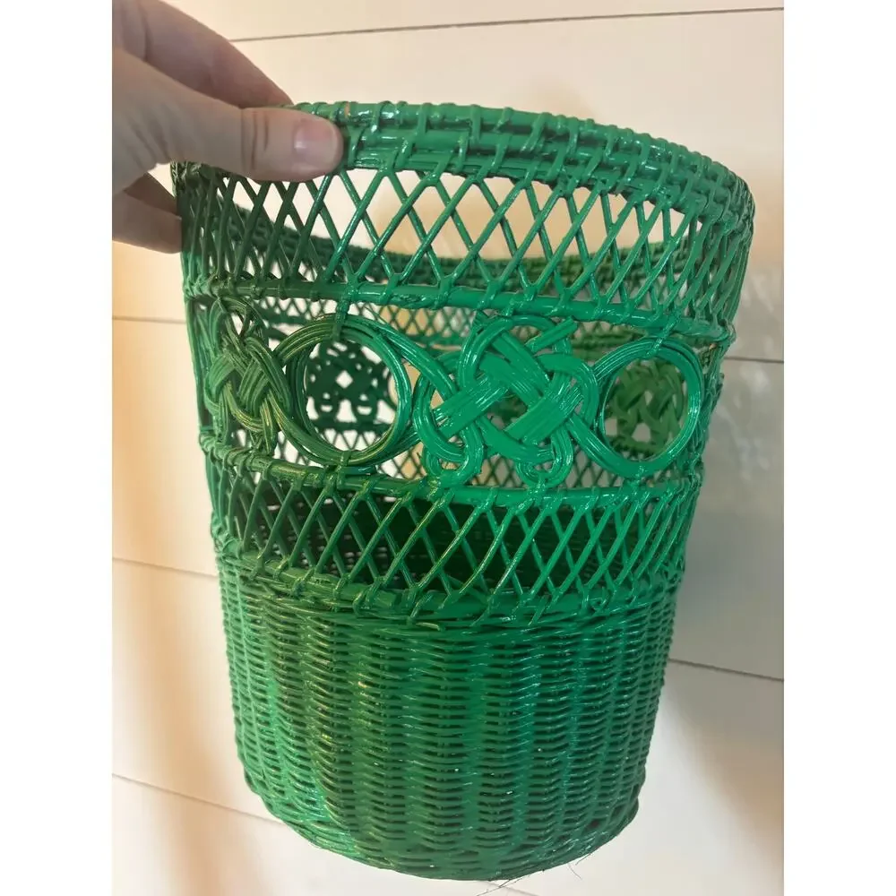 Green Wicker Wastebasket Planter Vintage Trash Can Shabby Chic Cottage BOHO